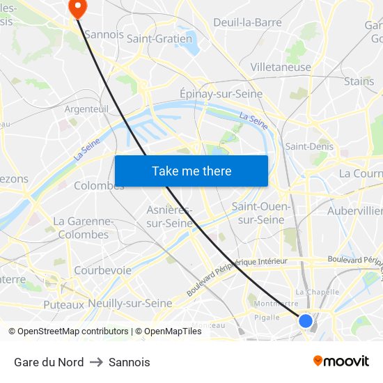 Gare du Nord to Sannois map