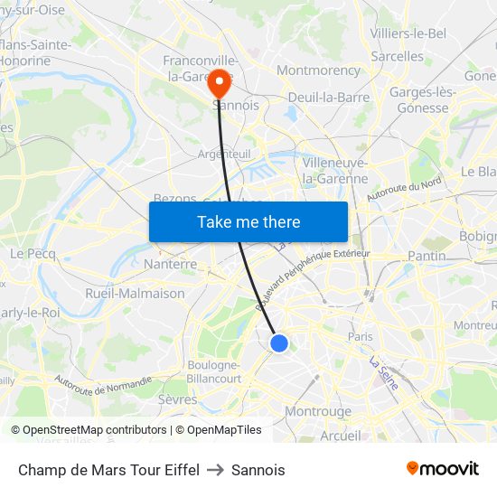 Champ de Mars Tour Eiffel to Sannois map