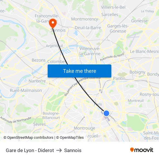 Gare de Lyon - Diderot to Sannois map