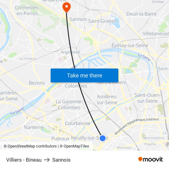Villiers - Bineau to Sannois map