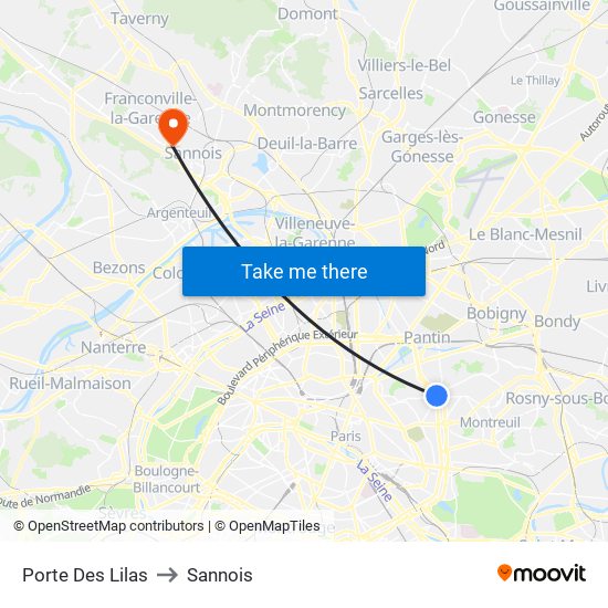 Porte Des Lilas to Sannois map