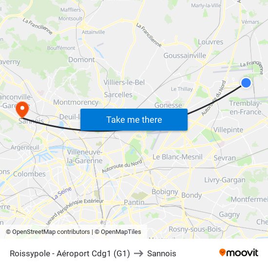 Roissypole - Aéroport Cdg1 (G1) to Sannois map