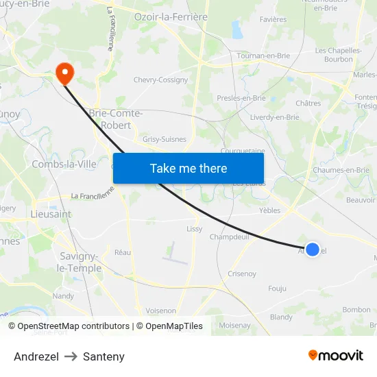 Andrezel to Santeny map