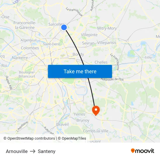 Arnouville to Santeny map