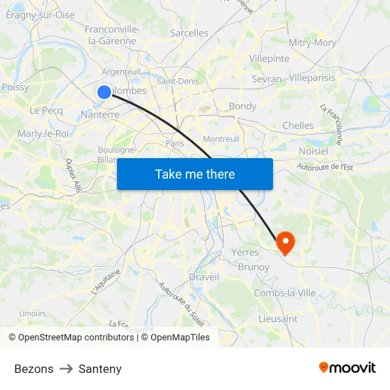 Bezons to Santeny map