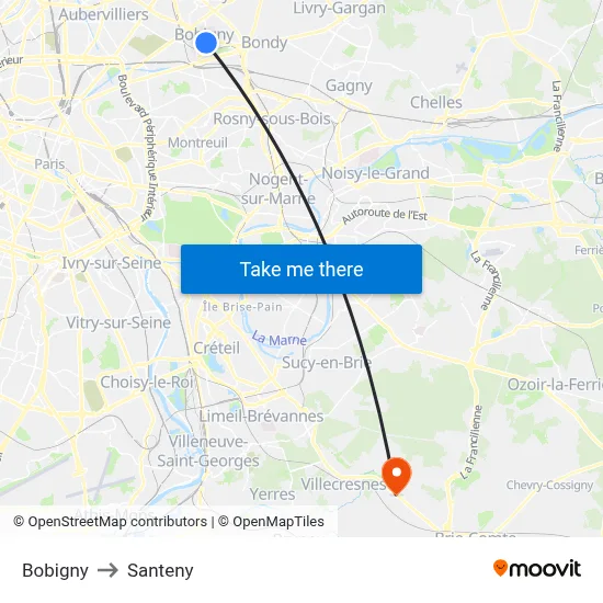 Bobigny to Santeny map