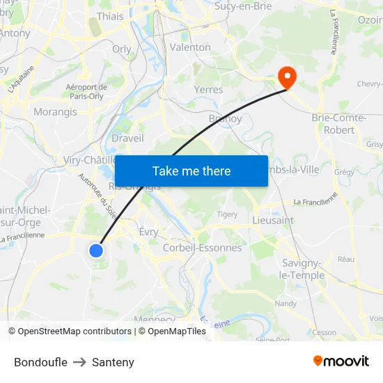 Bondoufle to Santeny map