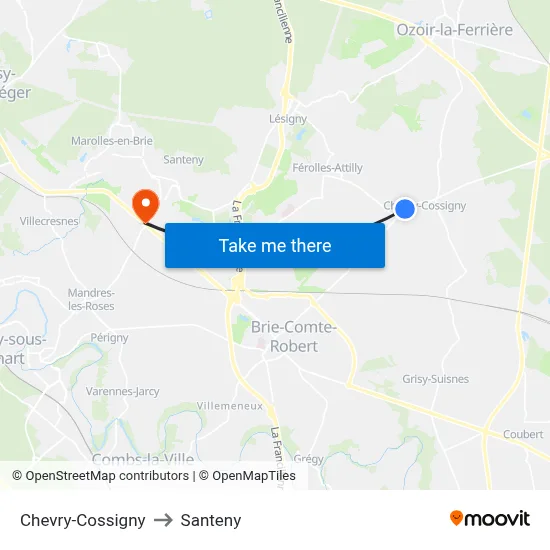 Chevry-Cossigny to Santeny map