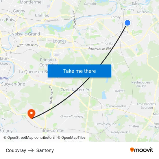 Coupvray to Santeny map