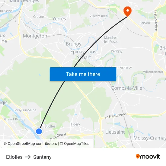 Etiolles to Santeny map