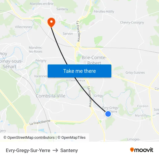 Evry-Gregy-Sur-Yerre to Santeny map