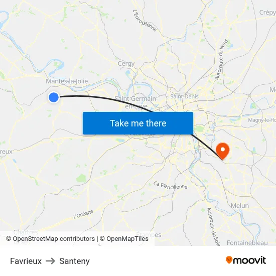 Favrieux to Santeny map