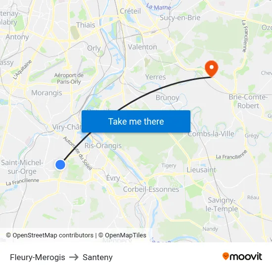 Fleury-Merogis to Santeny map