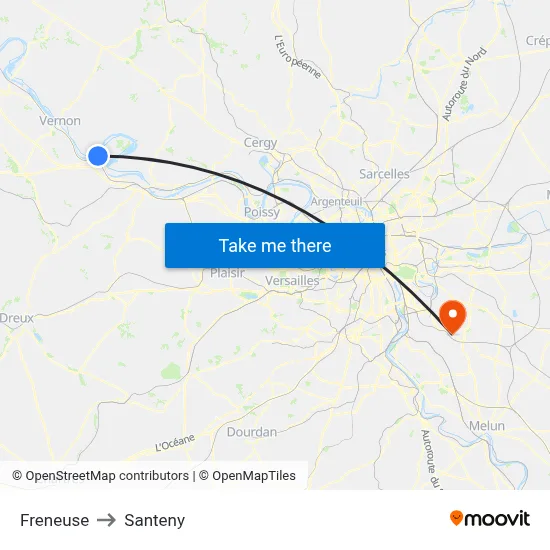 Freneuse to Santeny map