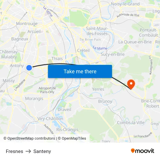 Fresnes to Santeny map