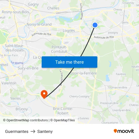 Guermantes to Santeny map