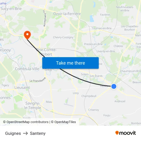 Guignes to Santeny map