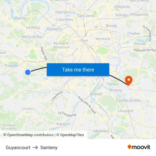 Guyancourt to Santeny map
