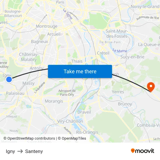 Igny to Santeny map
