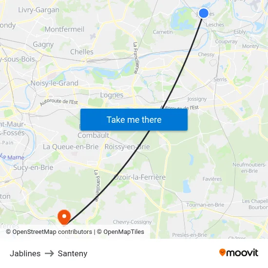 Jablines to Santeny map