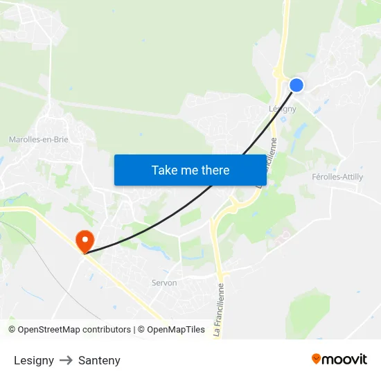 Lesigny to Santeny map