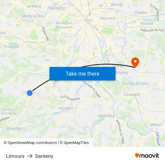 Limours to Santeny map