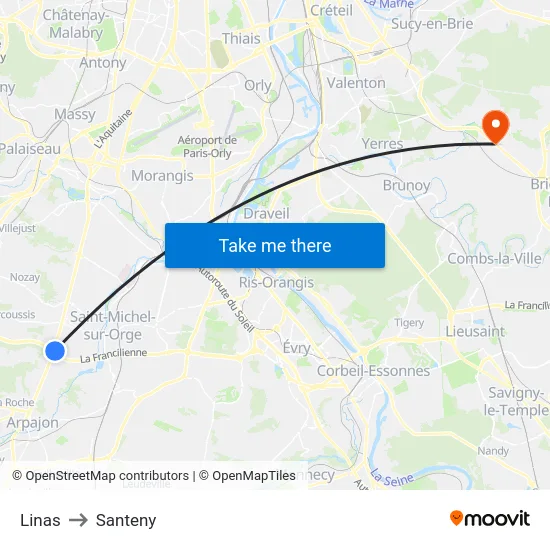 Linas to Santeny map