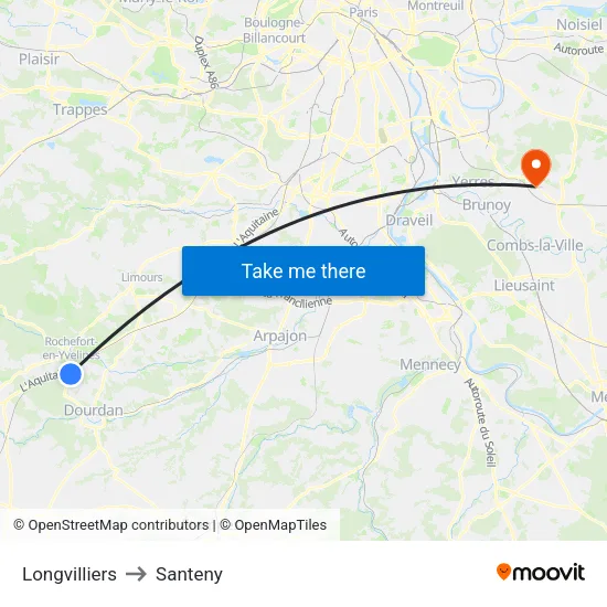 Longvilliers to Santeny map
