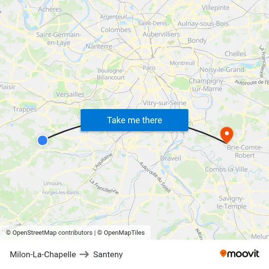 Milon-La-Chapelle to Santeny map
