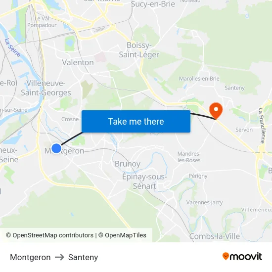 Montgeron to Santeny map