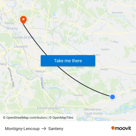 Montigny-Lencoup to Santeny map