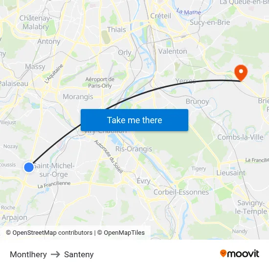 Montlhery to Santeny map