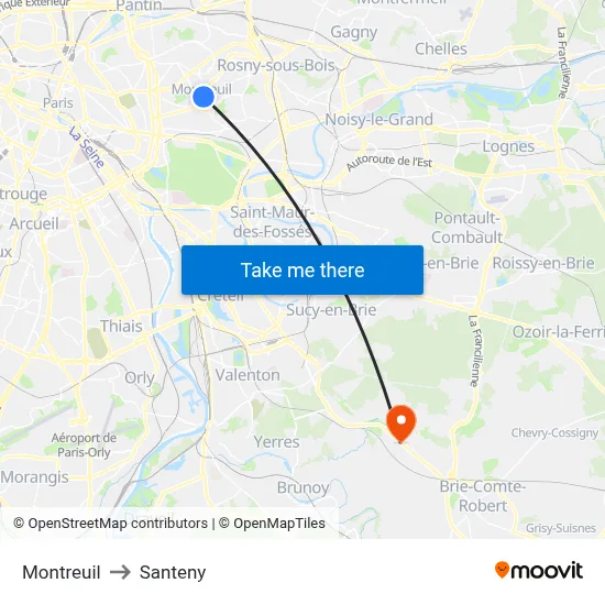 Montreuil to Santeny map
