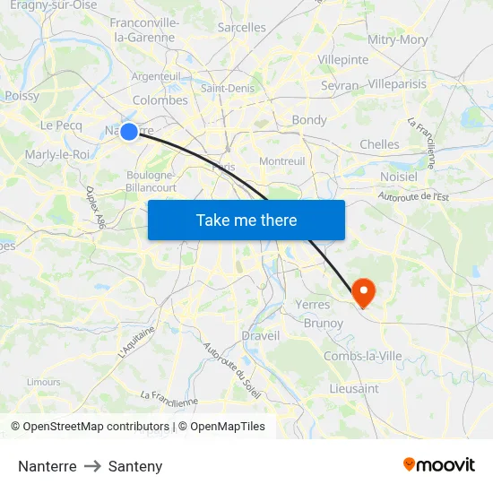 Nanterre to Santeny map