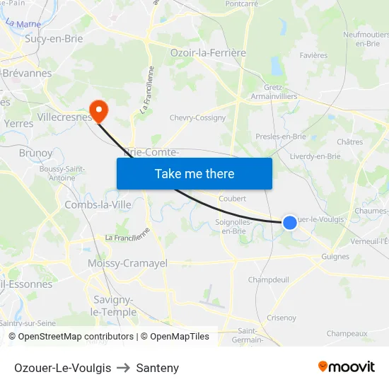 Ozouer-Le-Voulgis to Santeny map