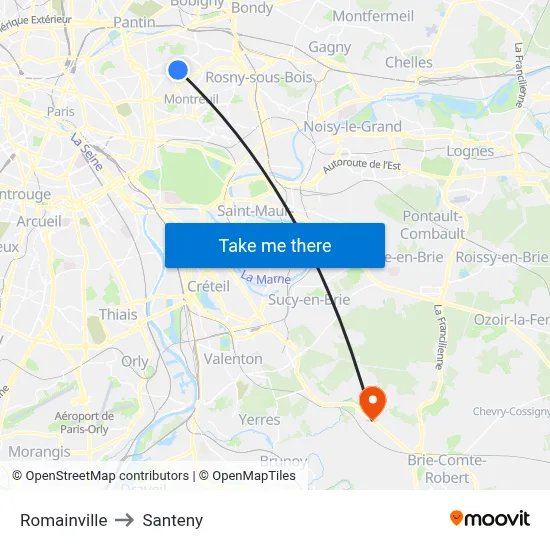 Romainville to Santeny map