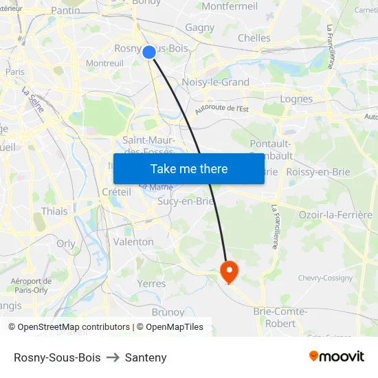 Rosny-Sous-Bois to Santeny map