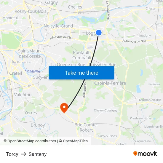 Torcy to Santeny map