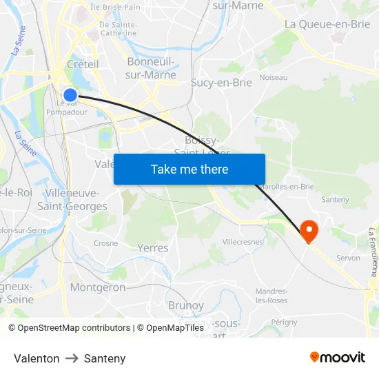 Valenton to Santeny map