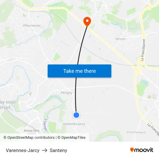 Varennes-Jarcy to Santeny map