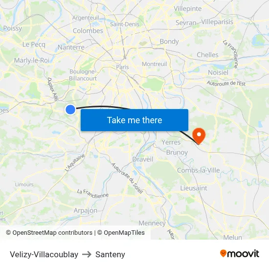 Velizy-Villacoublay to Santeny map