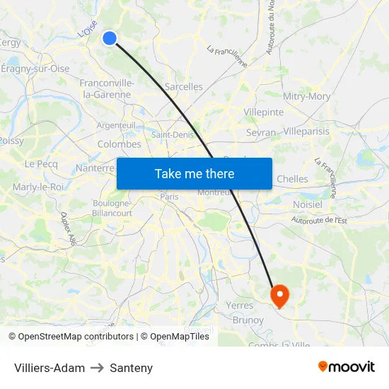 Villiers-Adam to Santeny map