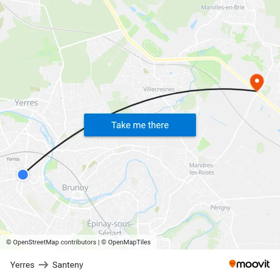 Yerres to Santeny map