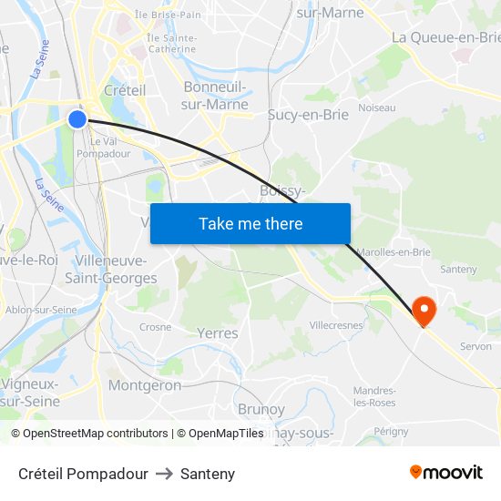 Créteil Pompadour to Santeny map