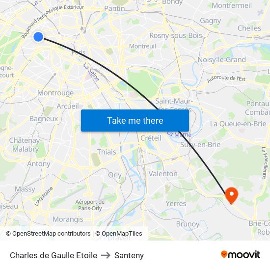 Charles de Gaulle Etoile to Santeny map