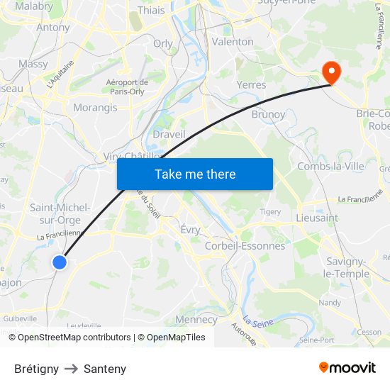 Brétigny to Santeny map