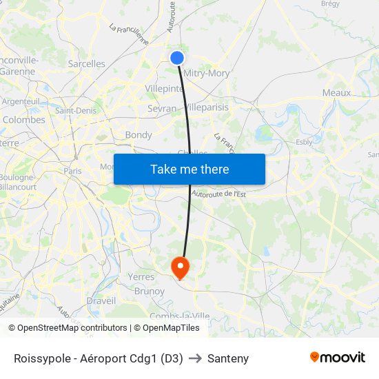 Roissypole - Aéroport Cdg1 (D3) to Santeny map