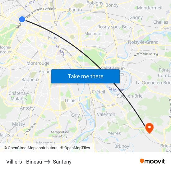 Villiers - Bineau to Santeny map