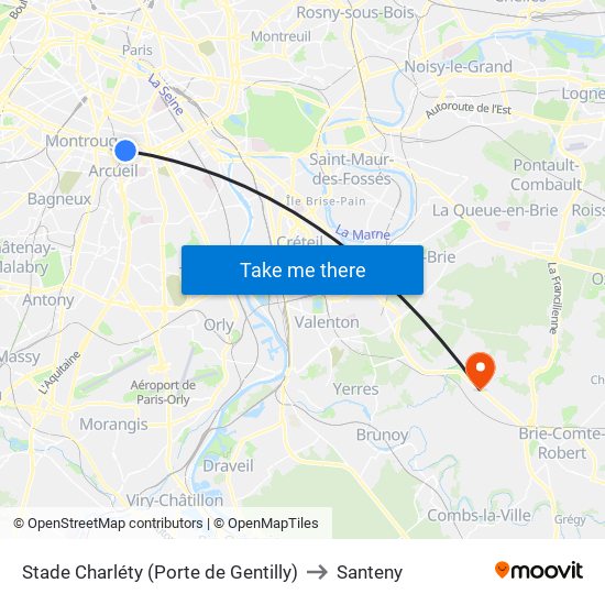 Stade Charléty (Porte de Gentilly) to Santeny map