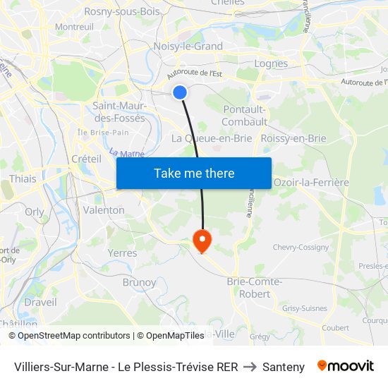Villiers-Sur-Marne - Le Plessis-Trévise RER to Santeny map